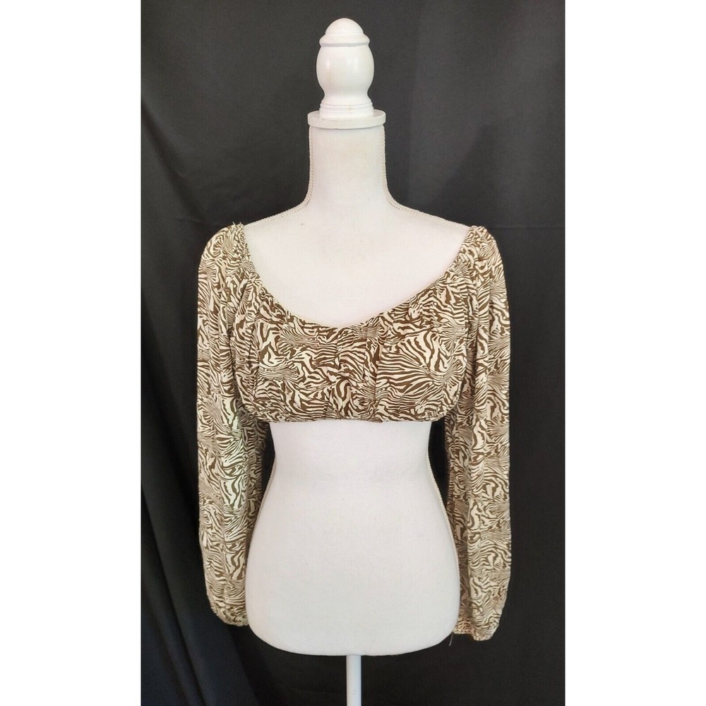 NWT Le Lis Top Blouse Crop Length Long Sleeve Zebra Animal Print Brown  Sz S